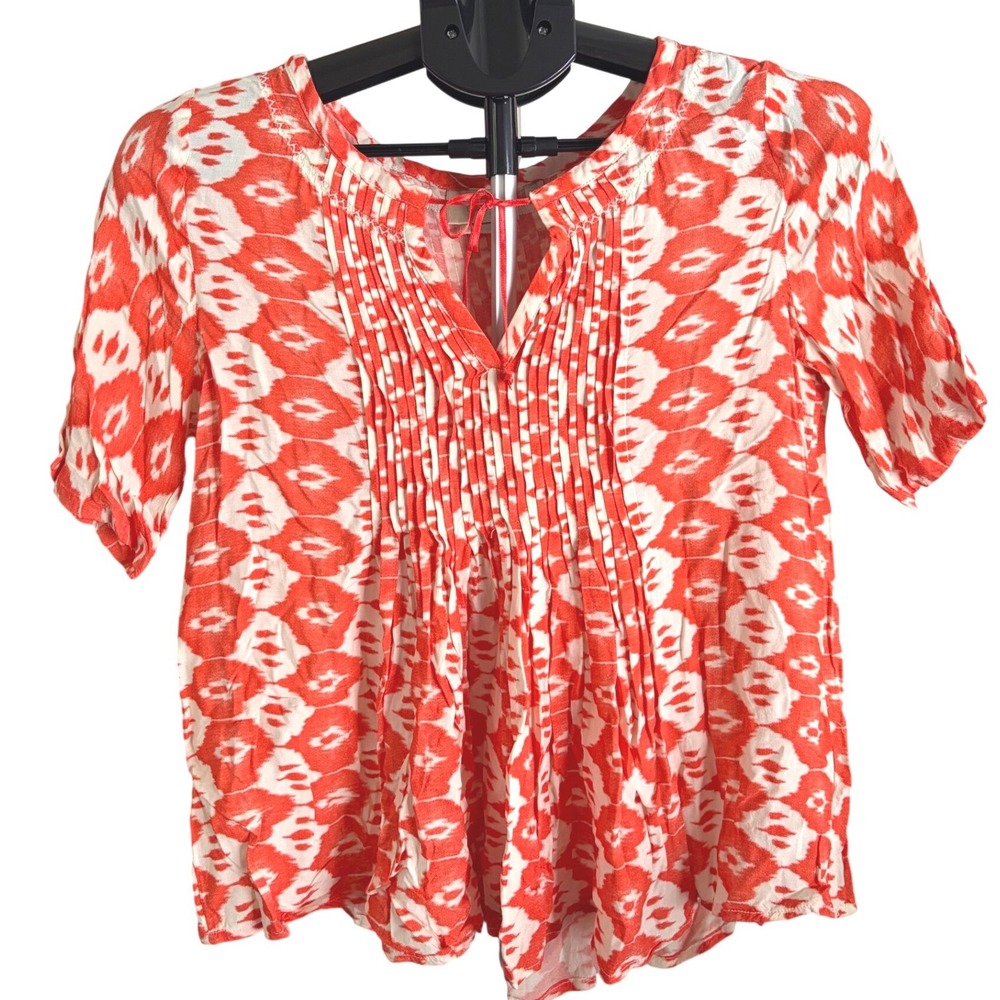 Anthropologie Vanessa Virginia Ikat Pleated Pintuck Blouse Red Orange 4